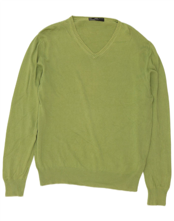 Suéter masculino Zara com decote em V grande algodão verde