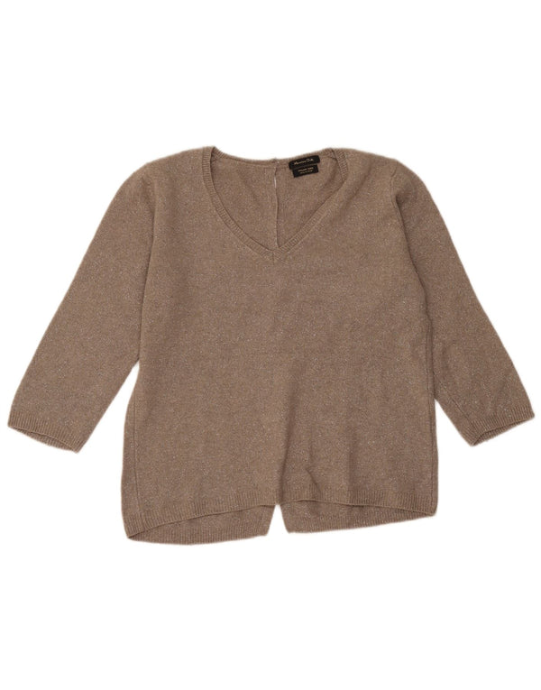 Suéter feminino Massimo Dutti manga 3/4 com decote em V Reino Unido 14 marrom médio