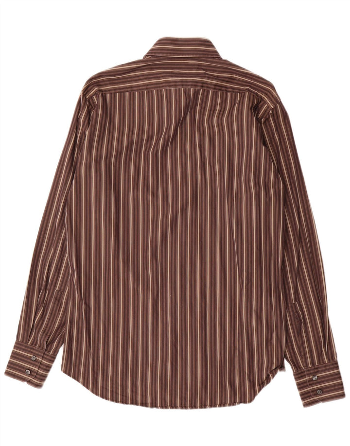 Camisa masculina Hugo Boss tamanho 39 15 /2 algodão listrado marrom médio