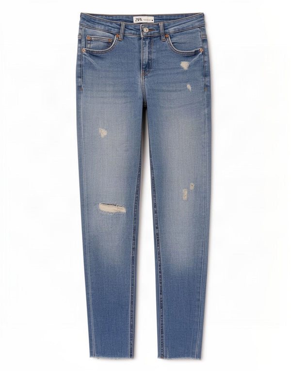 Calça jeans feminina Zara com corte desgastado EU 38 pequeno W28 L25 azul
