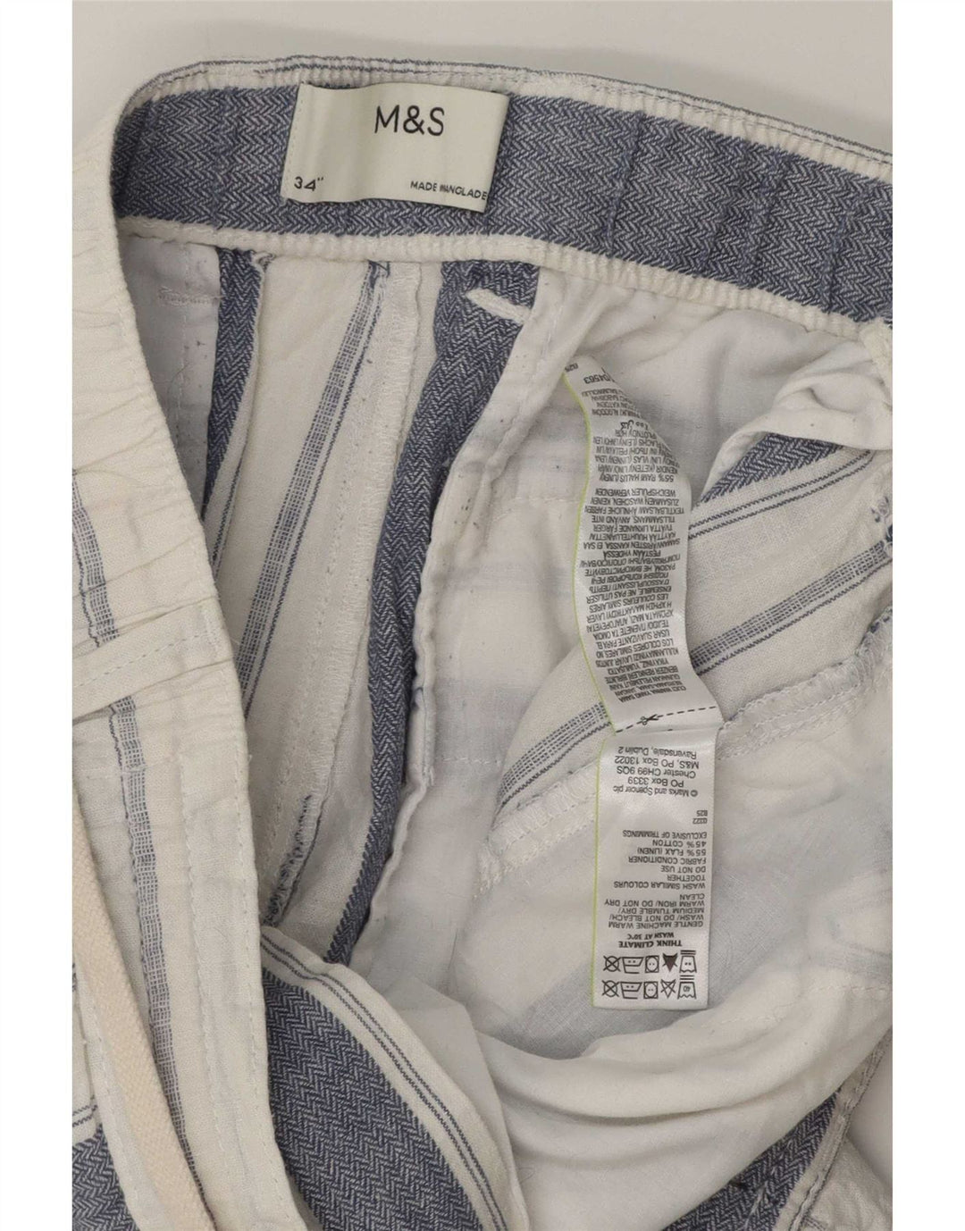 Shorts chino masculino Marks & Spencer W34 linho listrado branco grande