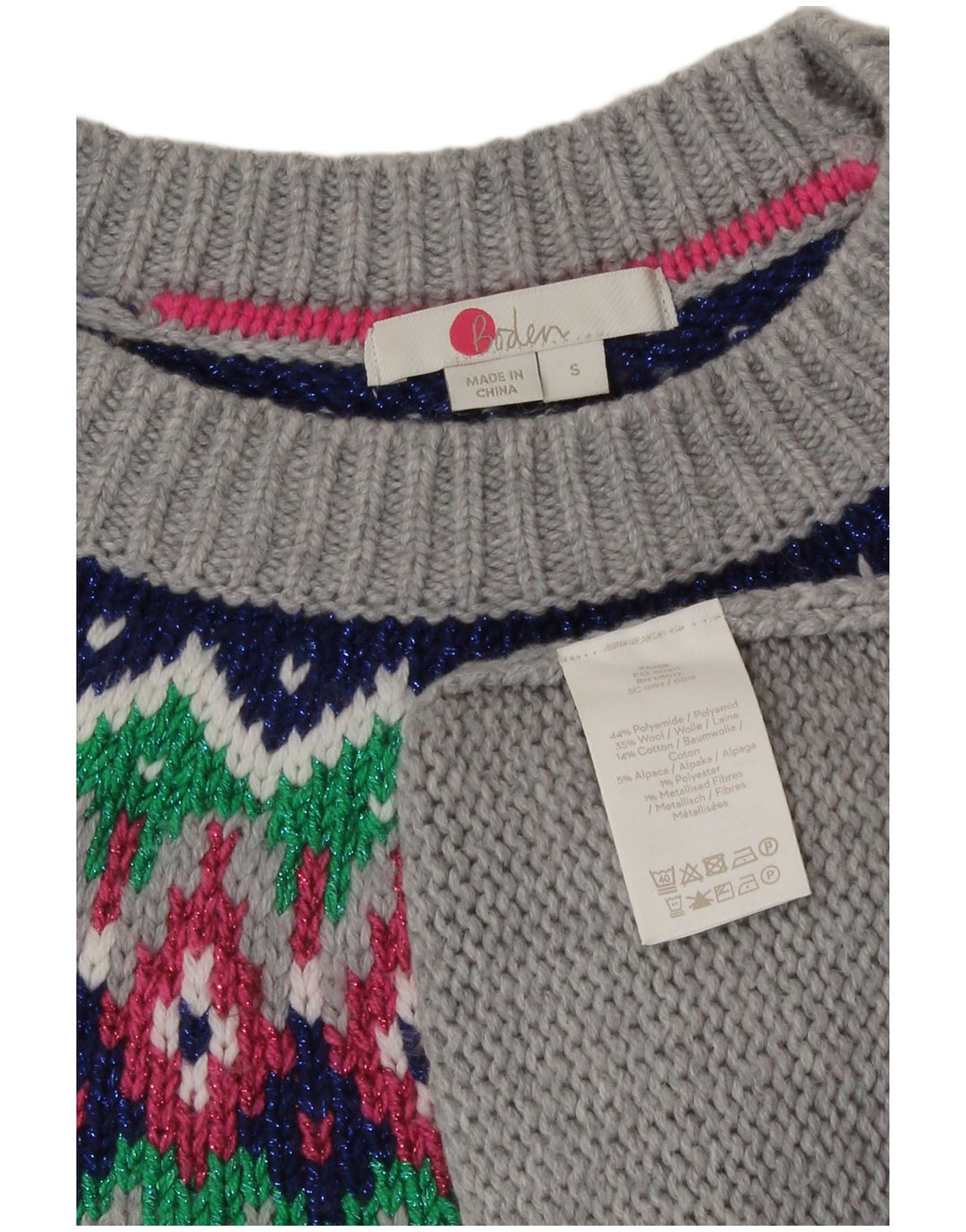 Suéter feminino Boden com gola redonda Reino Unido 10 pequeno cinza Fair Isle poliamida