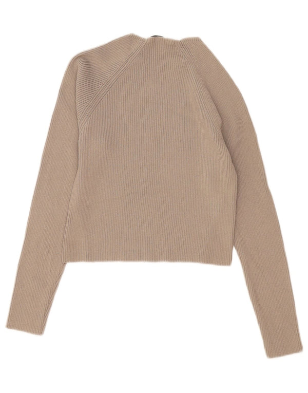 Zara Top curto feminino manga comprida Reino Unido 12 Viscose bege médio