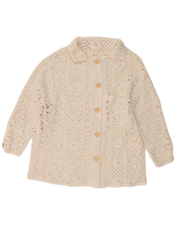 Suéter cardigã de crochê feminino vintage manga 3/4 Reino Unido 18 XL algodão branco
