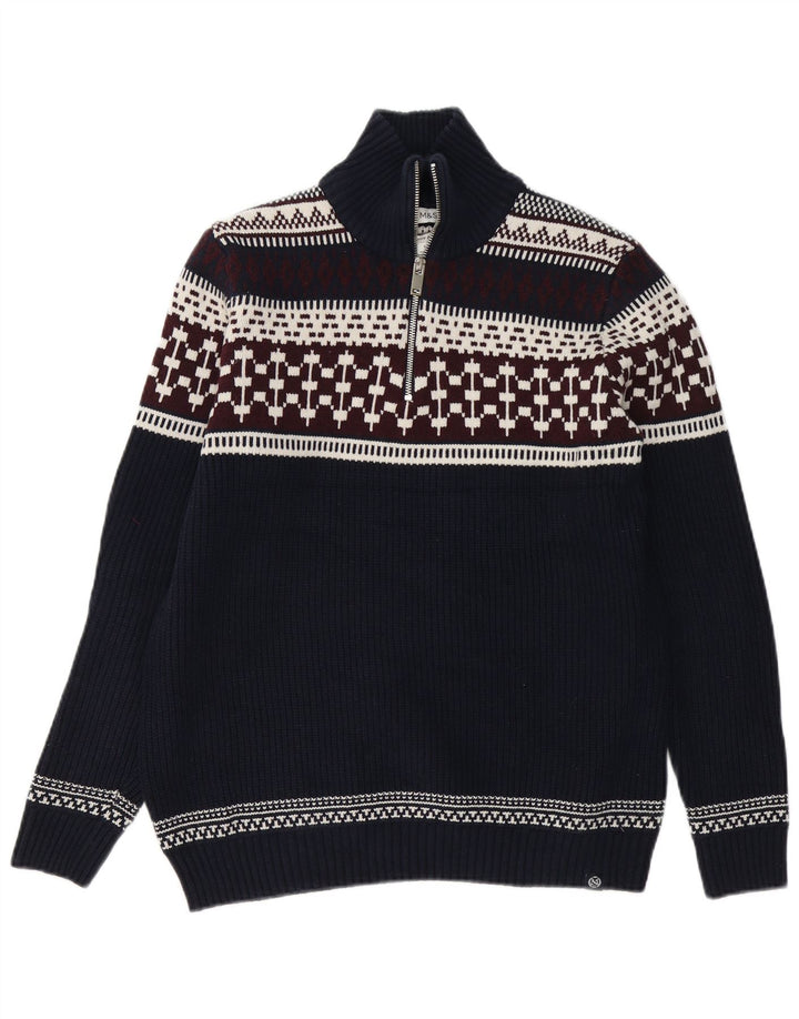 Suéter masculino Marks & Spencer com zíper e gola grande azul marinho Fair Isle
