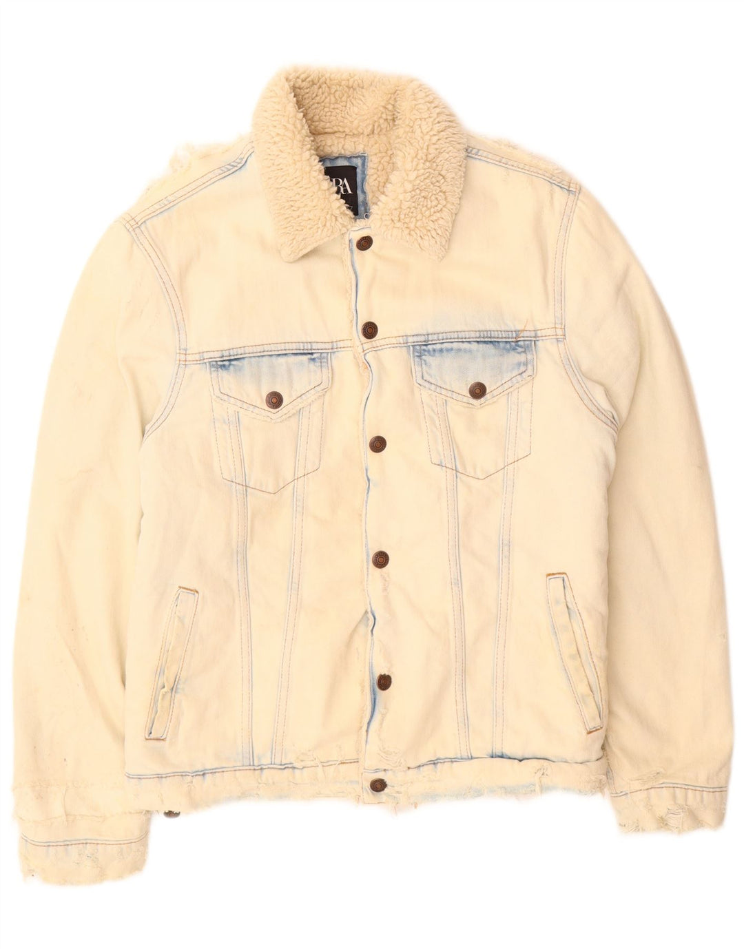 Jaqueta jeans Zara masculina Sherpa Reino Unido 36 algodão bege pequeno