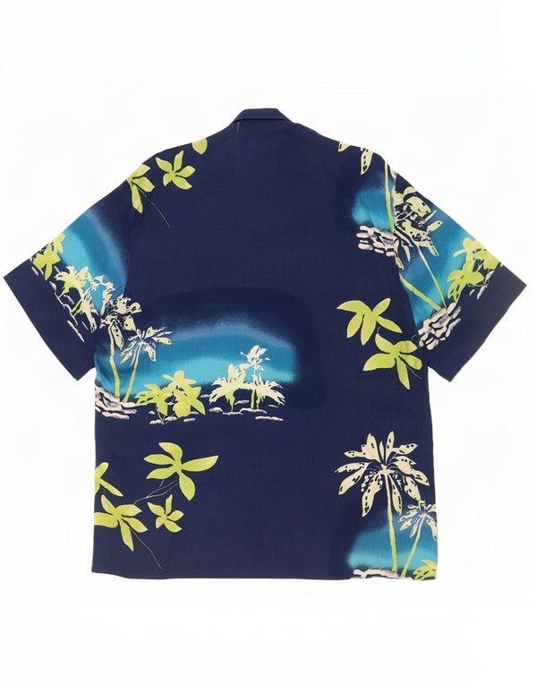 Camisa masculina vintage de manga curta tamanho 42 grande azul marinho floral havaiano