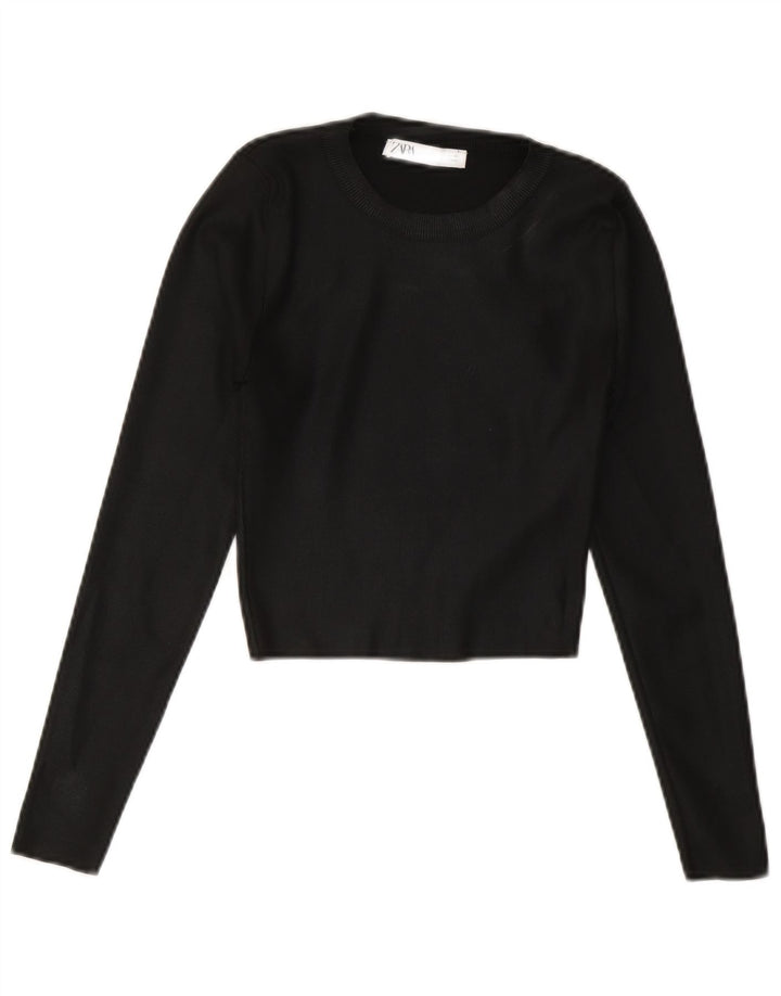 Zara Suéter feminino cropped com gola redonda Reino Unido 8 pequeno preto