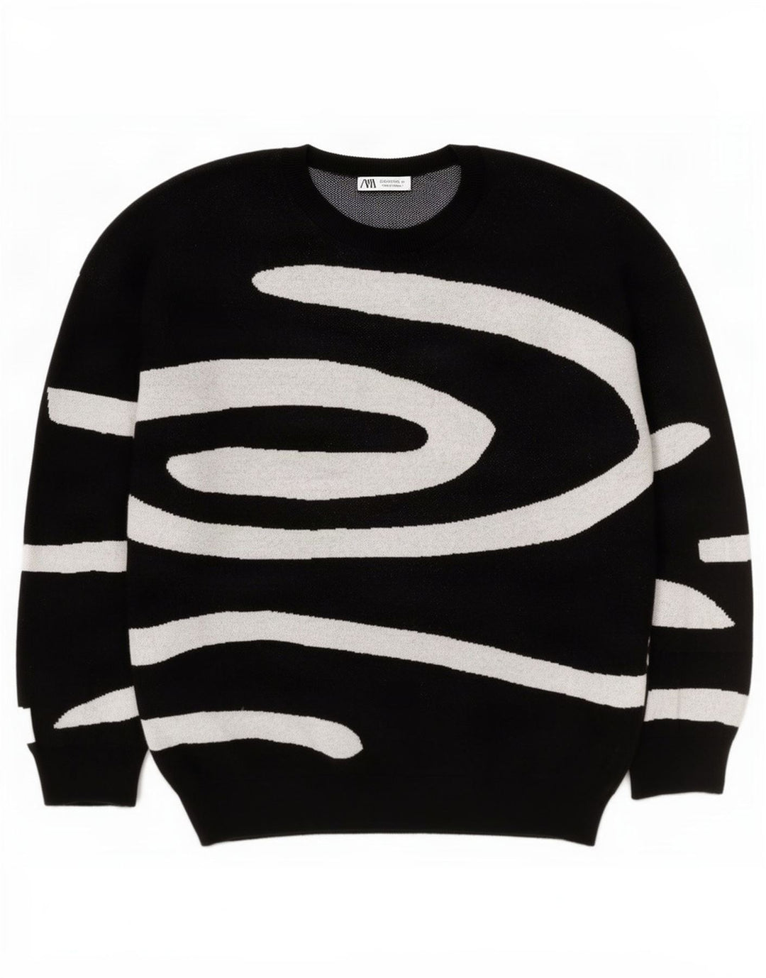 Zara Suéter masculino abstrato com gola redonda, grande algodão preto