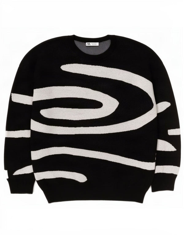 Zara Mens Abstract Pattern Crew Neck Jumper Sweater Large Black Cotton
