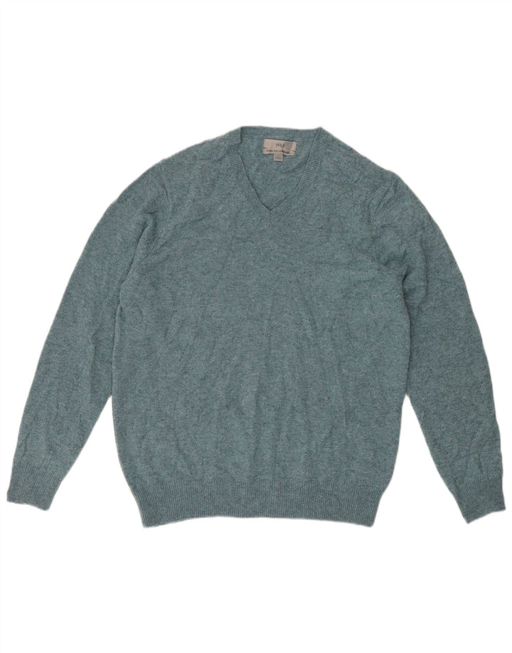 Suéter masculino Marks & Spencer com decote em V grande lã manchada verde