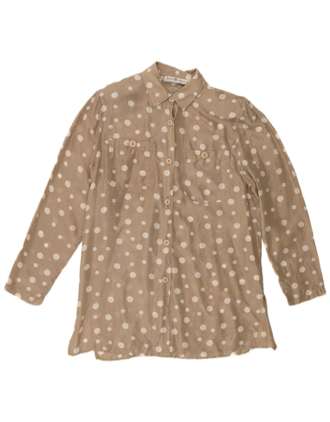 Camisa feminina Jurgen Michaelsen Reino Unido 14 médio bege bolinhas seda