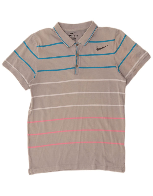 Camisa polo masculina Nike Dri Fit pequena listrada cinza de algodão