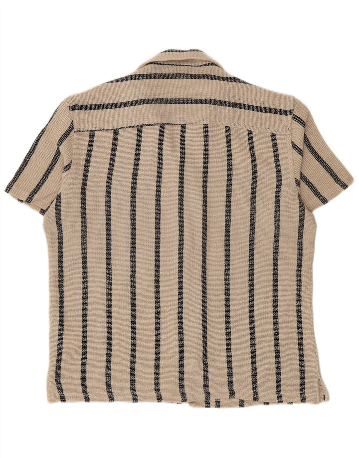 Zara Camisa masculina de manga curta grande algodão listrado bege