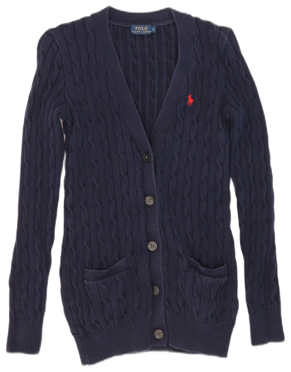 Suéter cardigã feminino Polo Ralph Lauren Reino Unido 10 pequeno algodão azul marinho