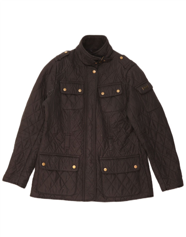 Jaqueta acolchoada militar feminina Barbour UK 14 grande poliéster preto