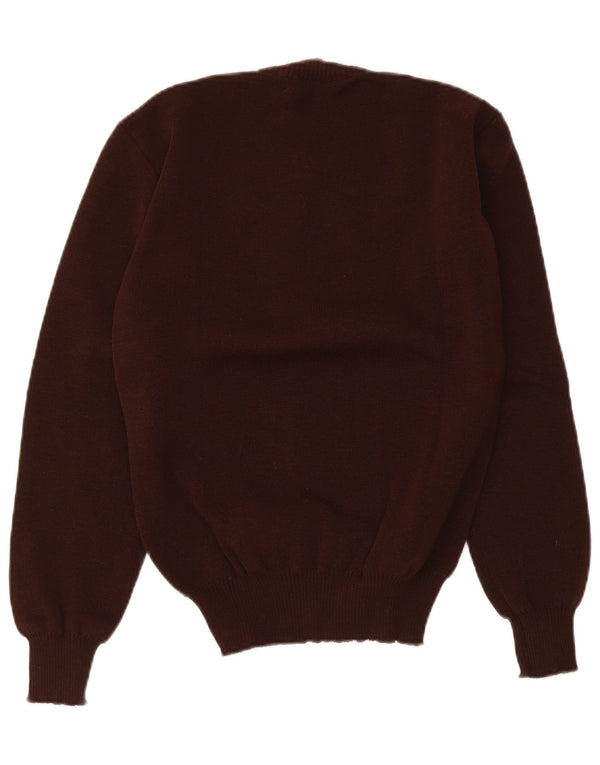Suéter feminino vintage com gola redonda Reino Unido 10 pequeno marrom geométrico