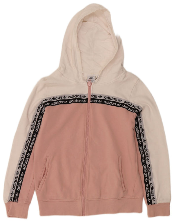 Suéter feminino Adidas com capuz e zíper gráfico UK 14 bloco colorido rosa médio