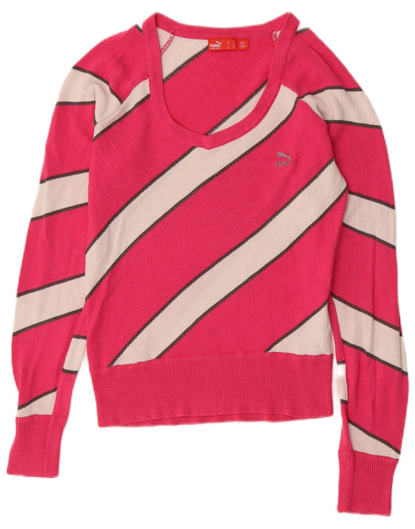 Suéter feminino PUMA com gola canoa UK 10 pequeno bloco colorido rosa