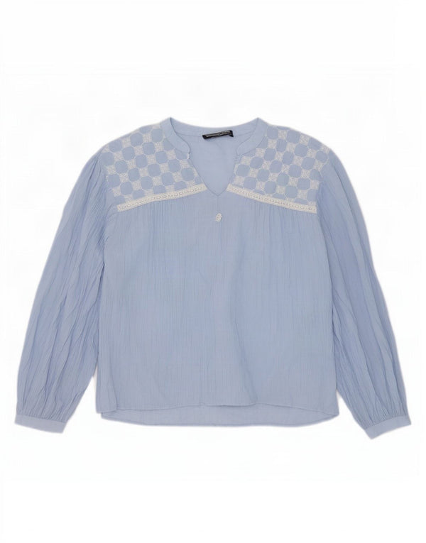 Blusa feminina Zara manga comprida oversized UK 18 XL azul geométrico