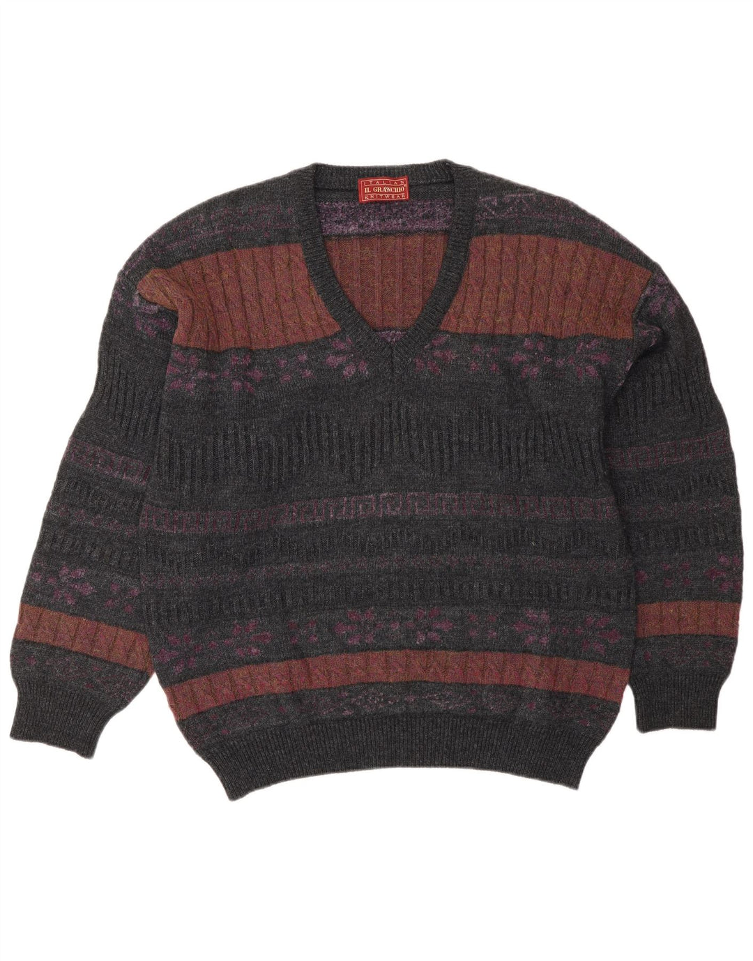 Il Granchio Suéter masculino com decote em V grande cinza Fair Isle