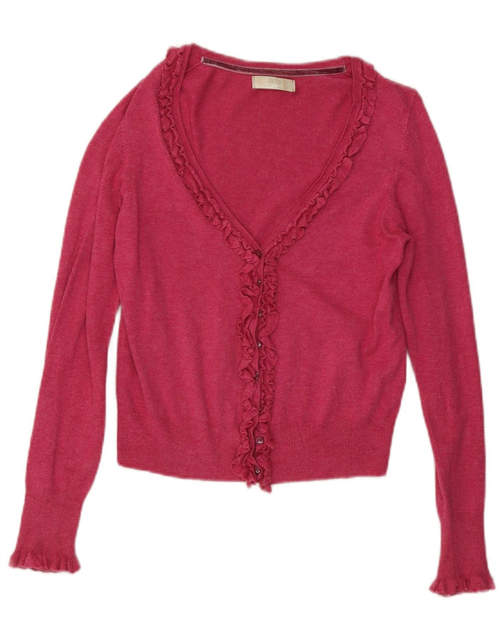 Suéter cardigã feminino Marks & Spencer com babados na frente Reino Unido 8 pequeno rosa