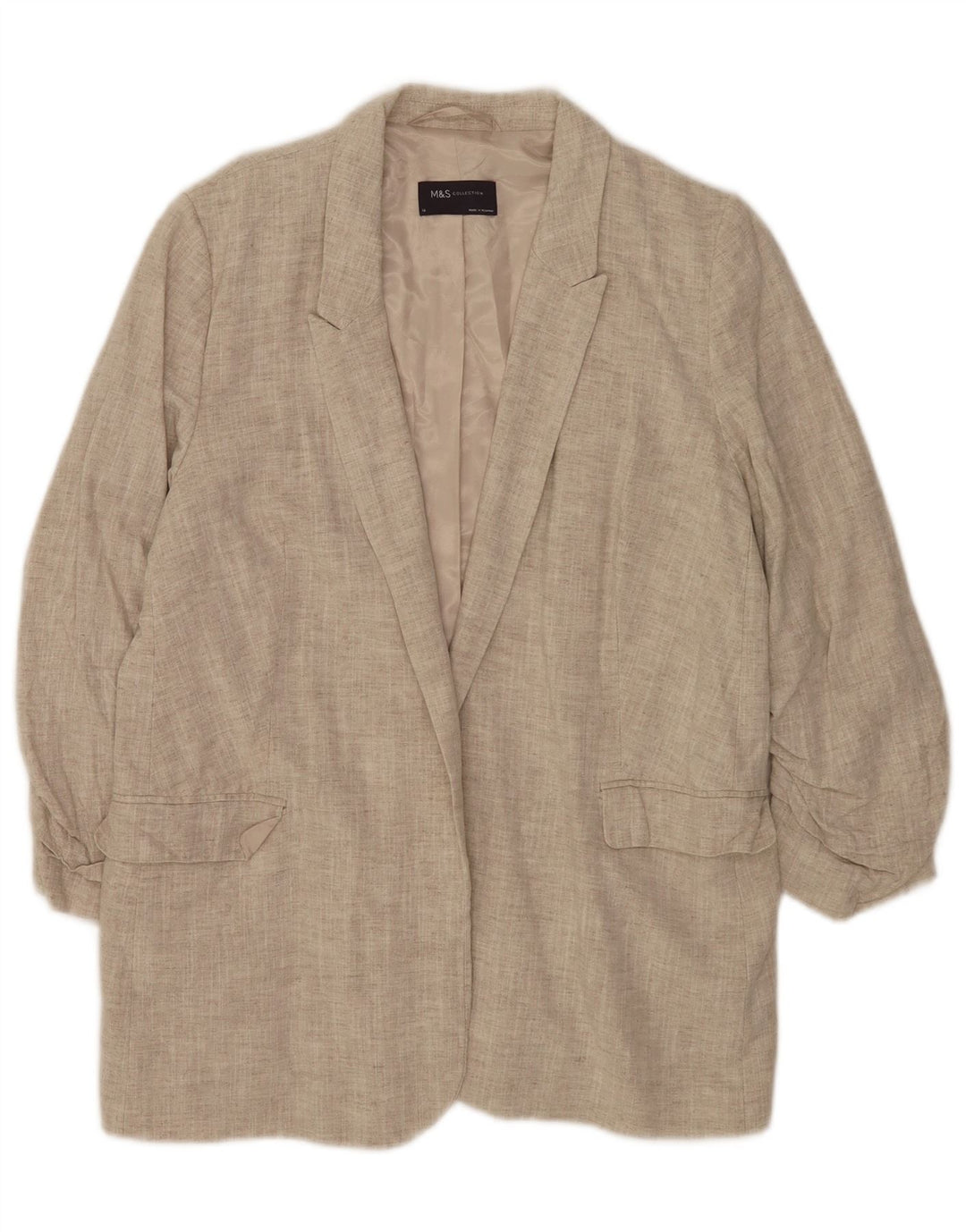 Jaqueta blazer feminina Marks & Spencer manga 3/4 aberta Reino Unido 14 grande bege