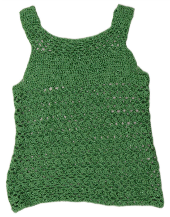 Colete de crochê transparente feminino vintage Reino Unido 12 verde médio