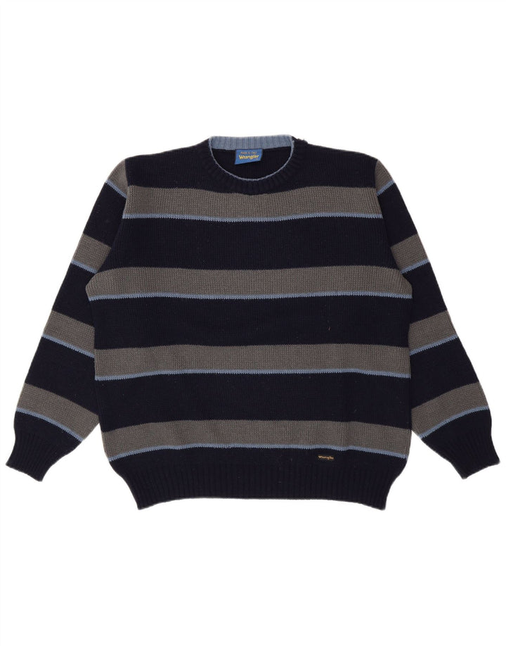 Wrangler Suéter masculino com gola redonda listrado azul marinho médio