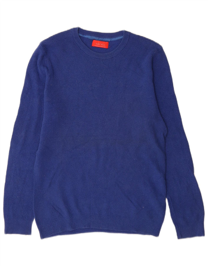 Zara Suéter masculino com gola redonda e algodão azul pequeno