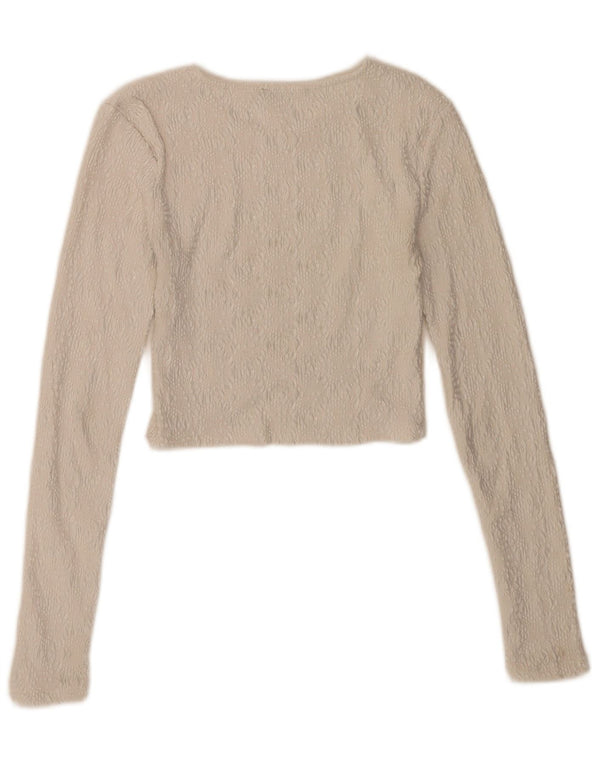 Zara blusa feminina cropped manga comprida top UK 8 pequeno off white geométrico
