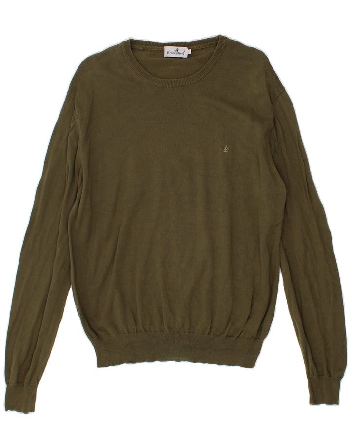 BROOKSFIELD Mens Boat Neck Jumper Sweater IT 50 Large Khaki Cotton Vintage Brooksfield and Second-Hand Brooksfield from Messina Hembry 