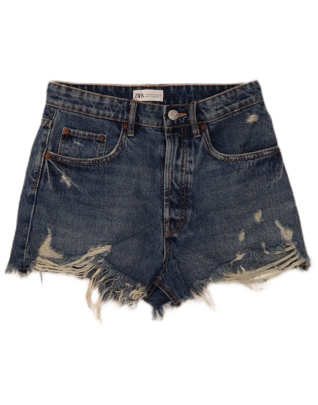 Zara Shorts jeans feminino desgastado UE 38 pequeno W28 azul
