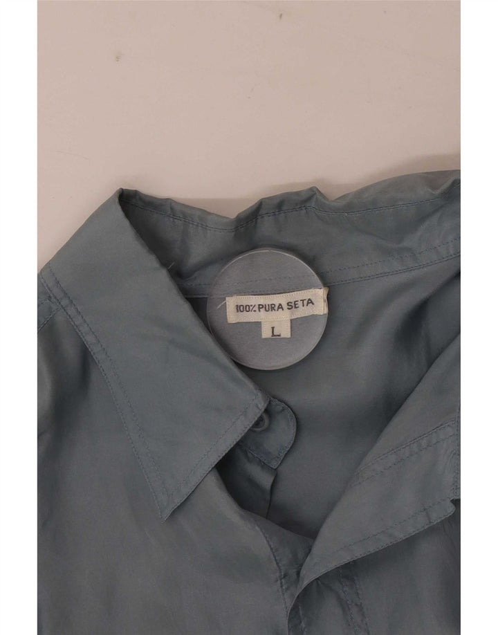 Camisa masculina vintage de manga curta grande seda azul