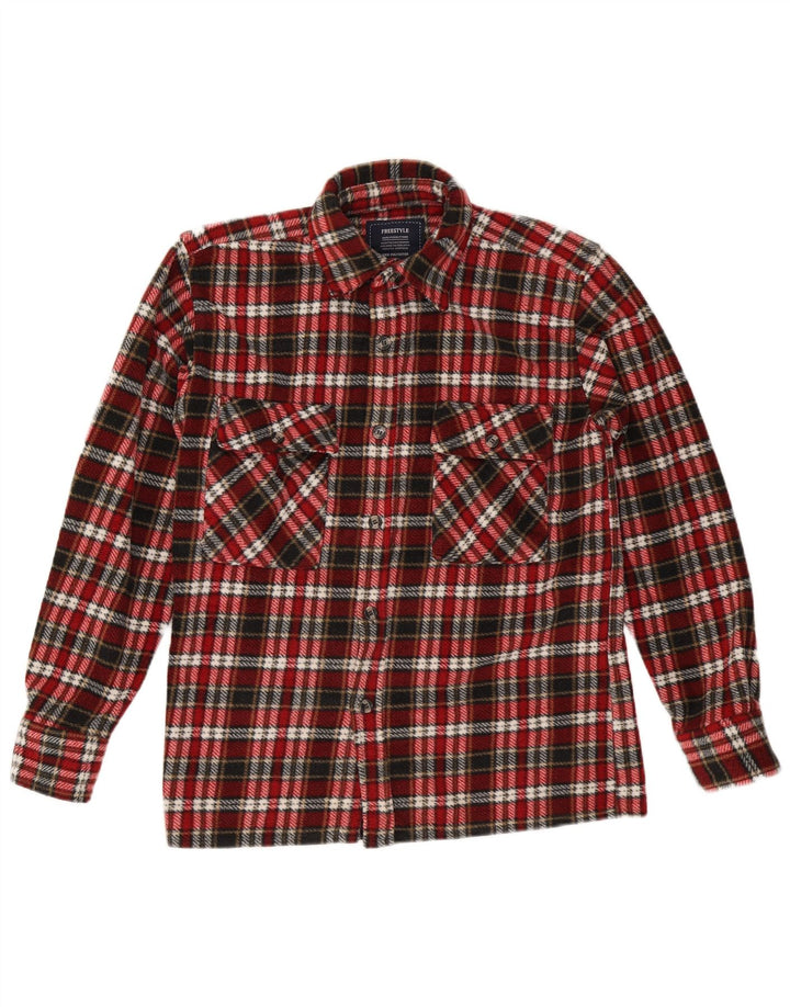 Camisa masculina vintage de flanela poliéster xadrez vermelho médio