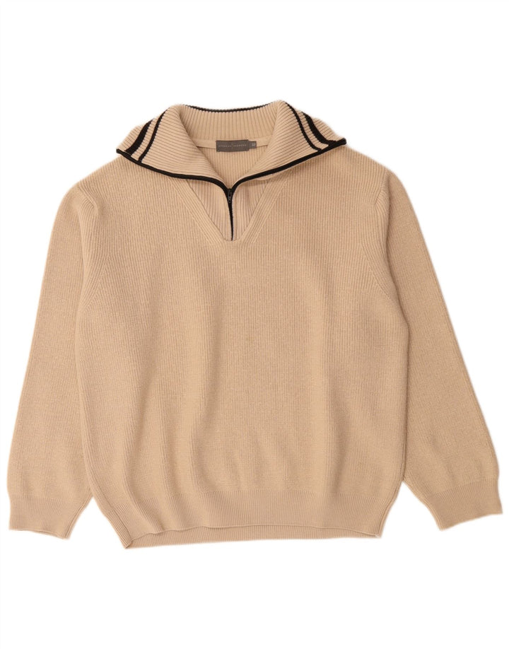 Suéter masculino VINTAGE com decote em zíper IT 52 grande lã merino bege