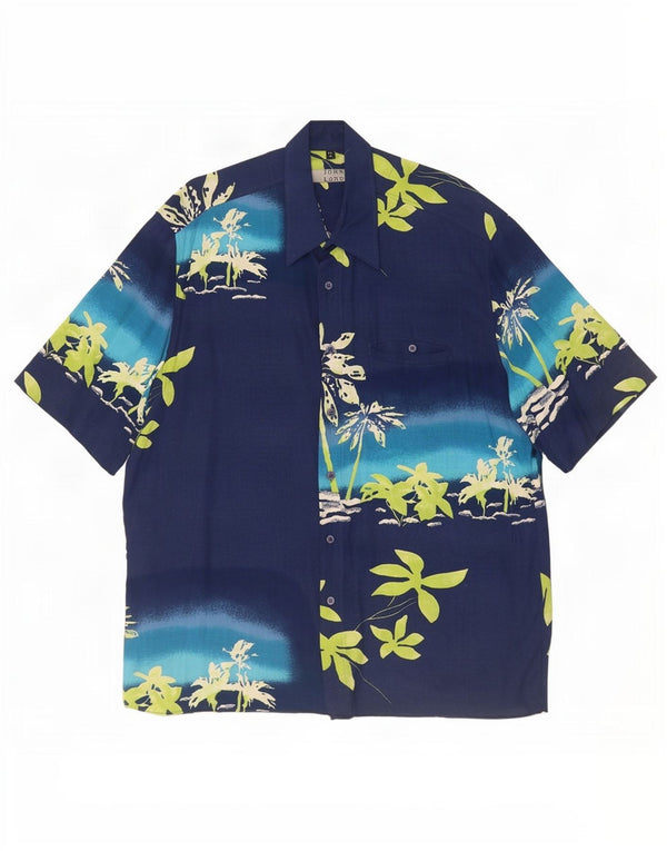 Camisa masculina vintage de manga curta tamanho 42 grande azul marinho floral havaiano