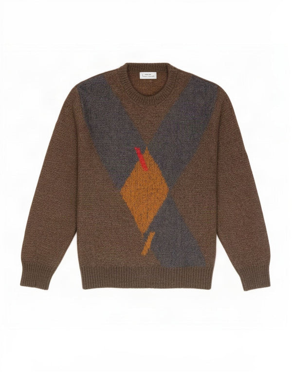 Vintage Mens Crew Neck Jumper Sweater IT 52 Large Brown Argyle/Diamond