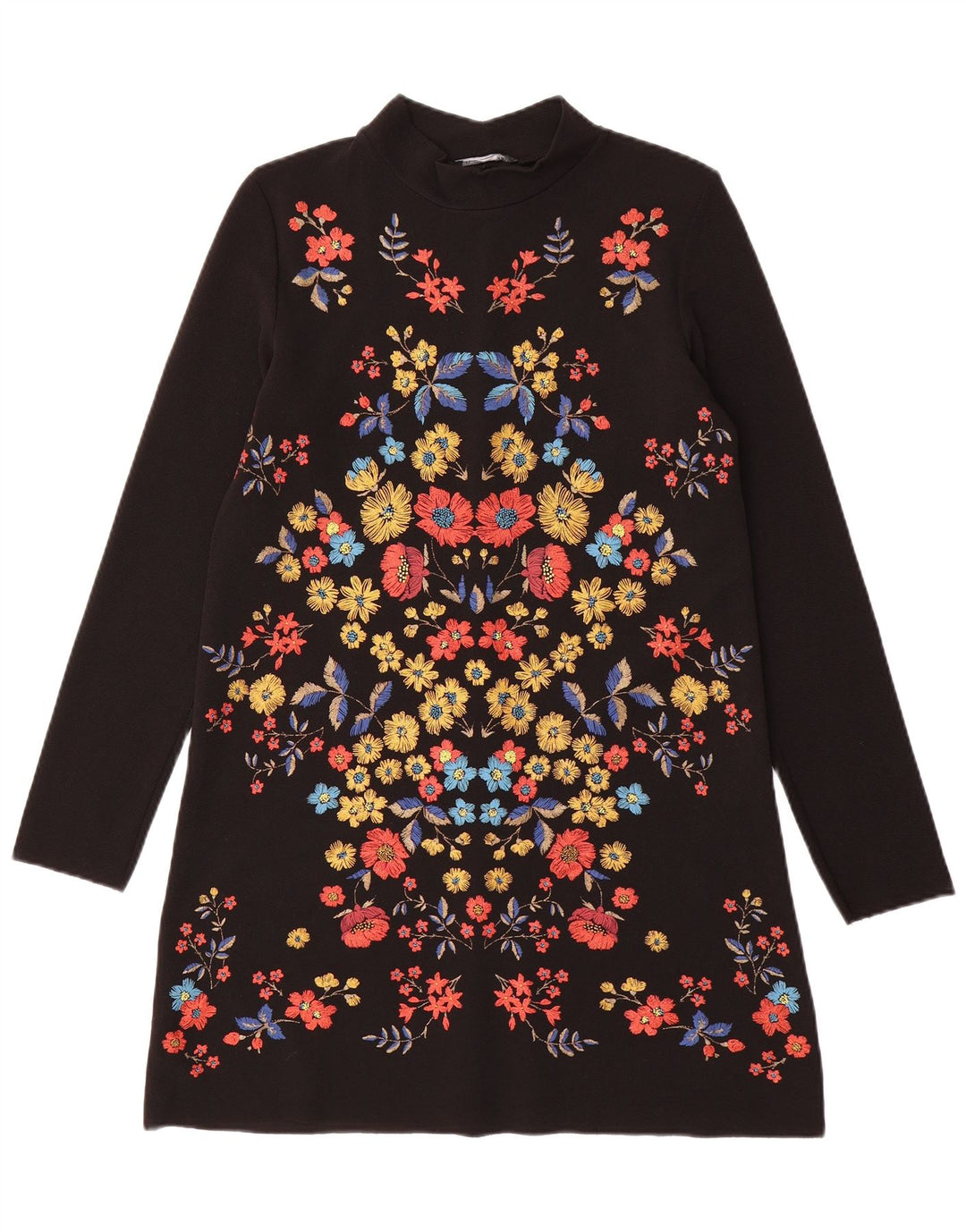Vestido feminino Zara manga comprida, tamanho UK 10, pequeno, preto, floral, poliéster