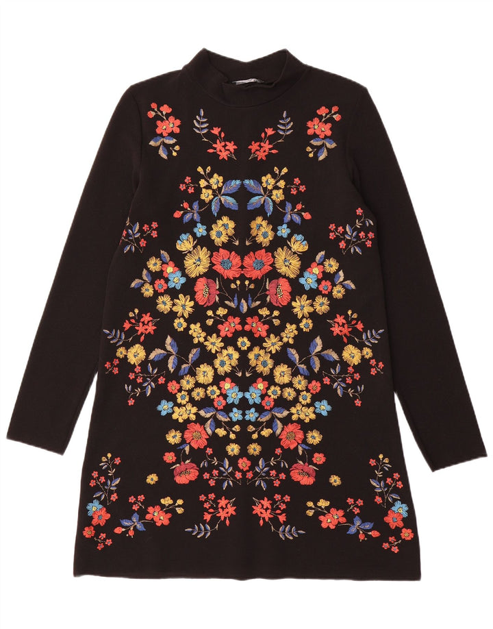 Vestido feminino Zara manga comprida, tamanho UK 10, pequeno, preto, floral, poliéster
