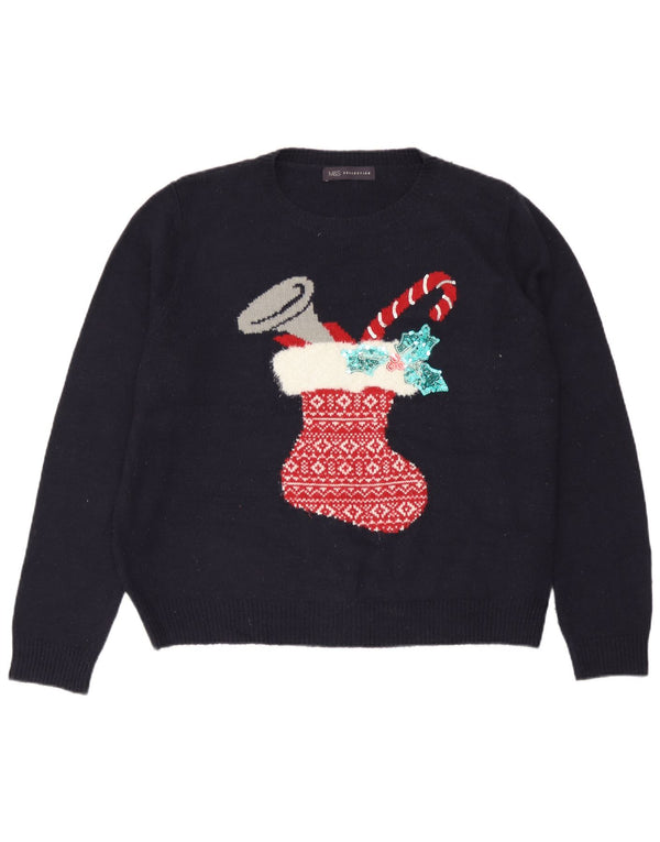 Suéter feminino Marks & Spencer com gola redonda, Reino Unido 18 XL, azul marinho, Natal