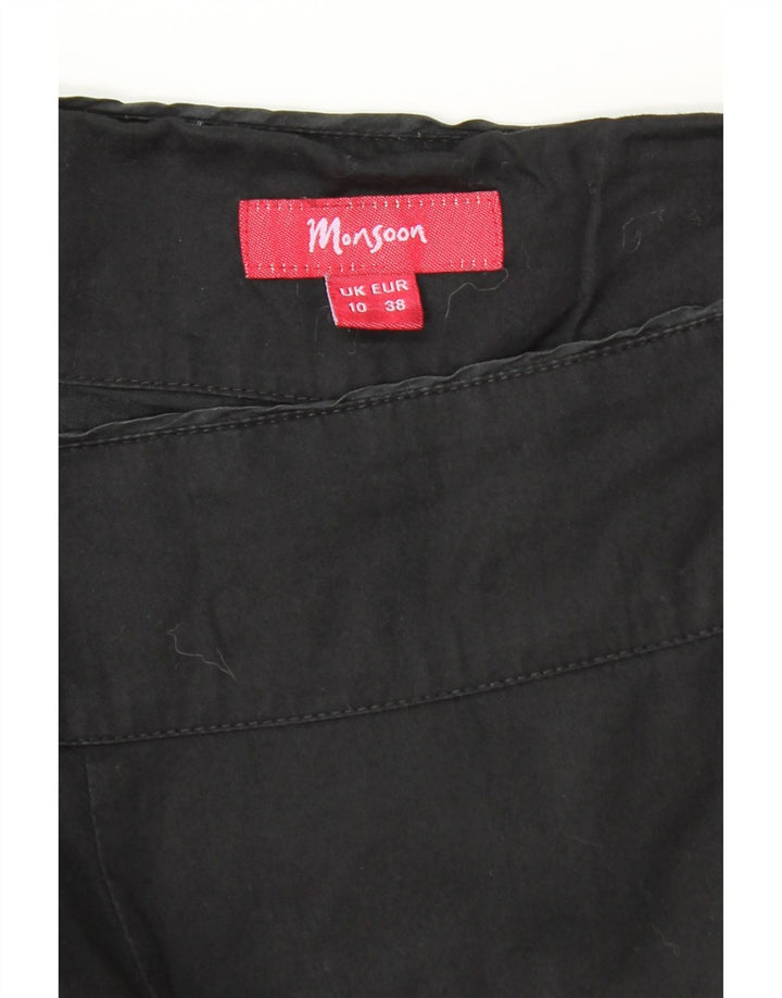 MONSOON Saia feminina com estampa abstrata evasê Reino Unido 10 pequena W30 algodão preto