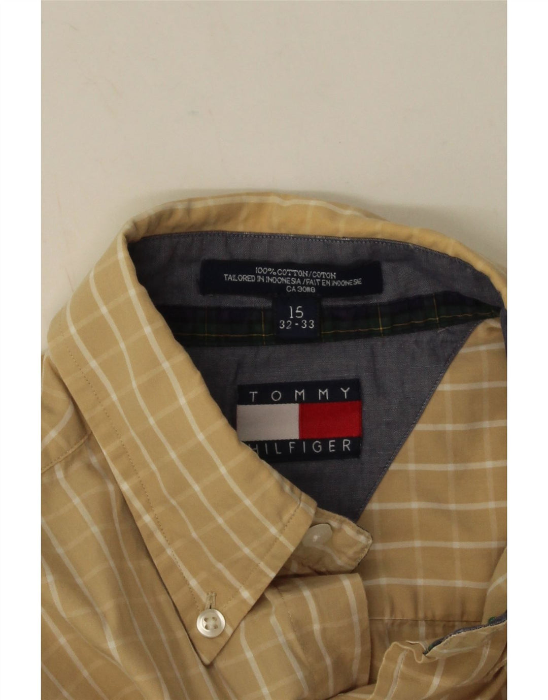 Camisa masculina Tommy Hilfiger tamanho 15 algodão xadrez bege médio