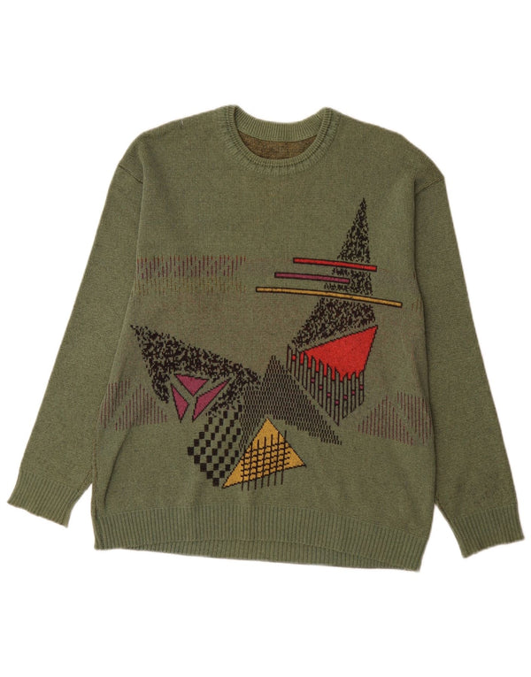 Suéter masculino vintage com gola redonda e gola redonda médio cáqui geométrico