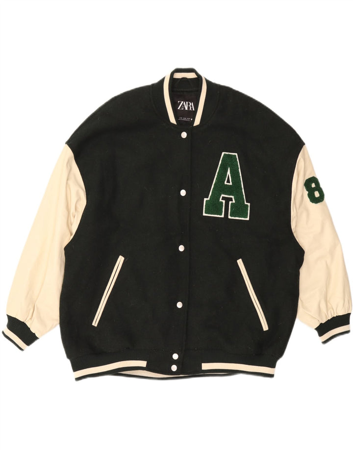 Jaqueta masculina ZARA Graphic Varsity UK 38 poliéster colorblock verde médio