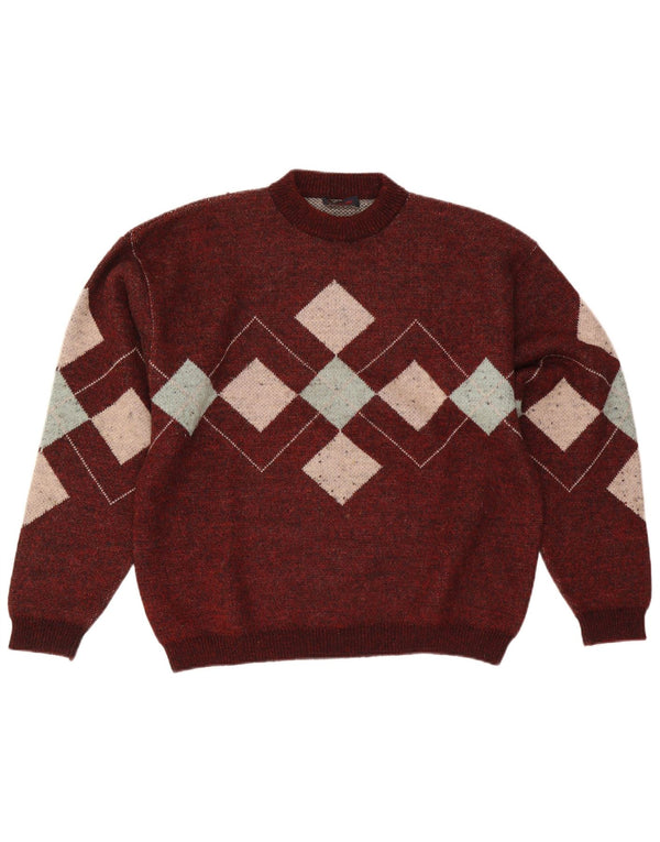 Suéter vintage masculino com gola redonda grande Borgonha Argyle/Diamante