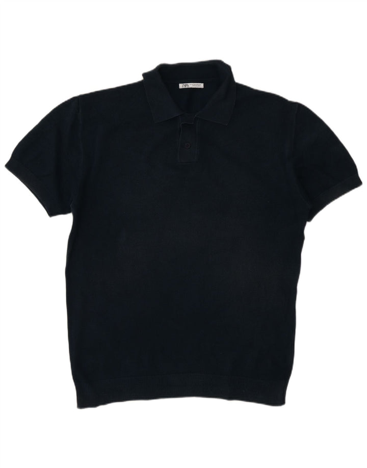 Zara Suéter masculino de manga curta com gola polo, azul marinho médio