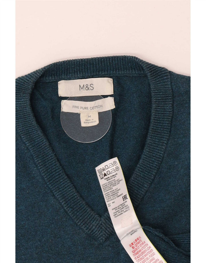 Suéter masculino Marks & Spencer com decote em V, algodão verde médio