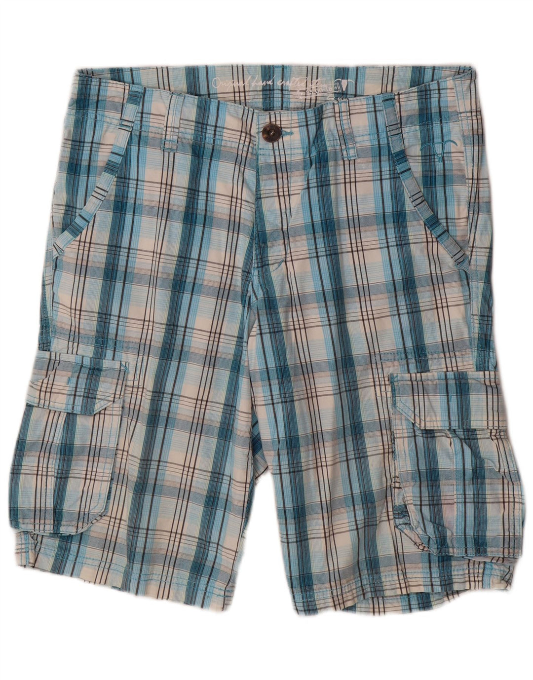Shorts cargo masculino EDC W34 grande xadrez azul