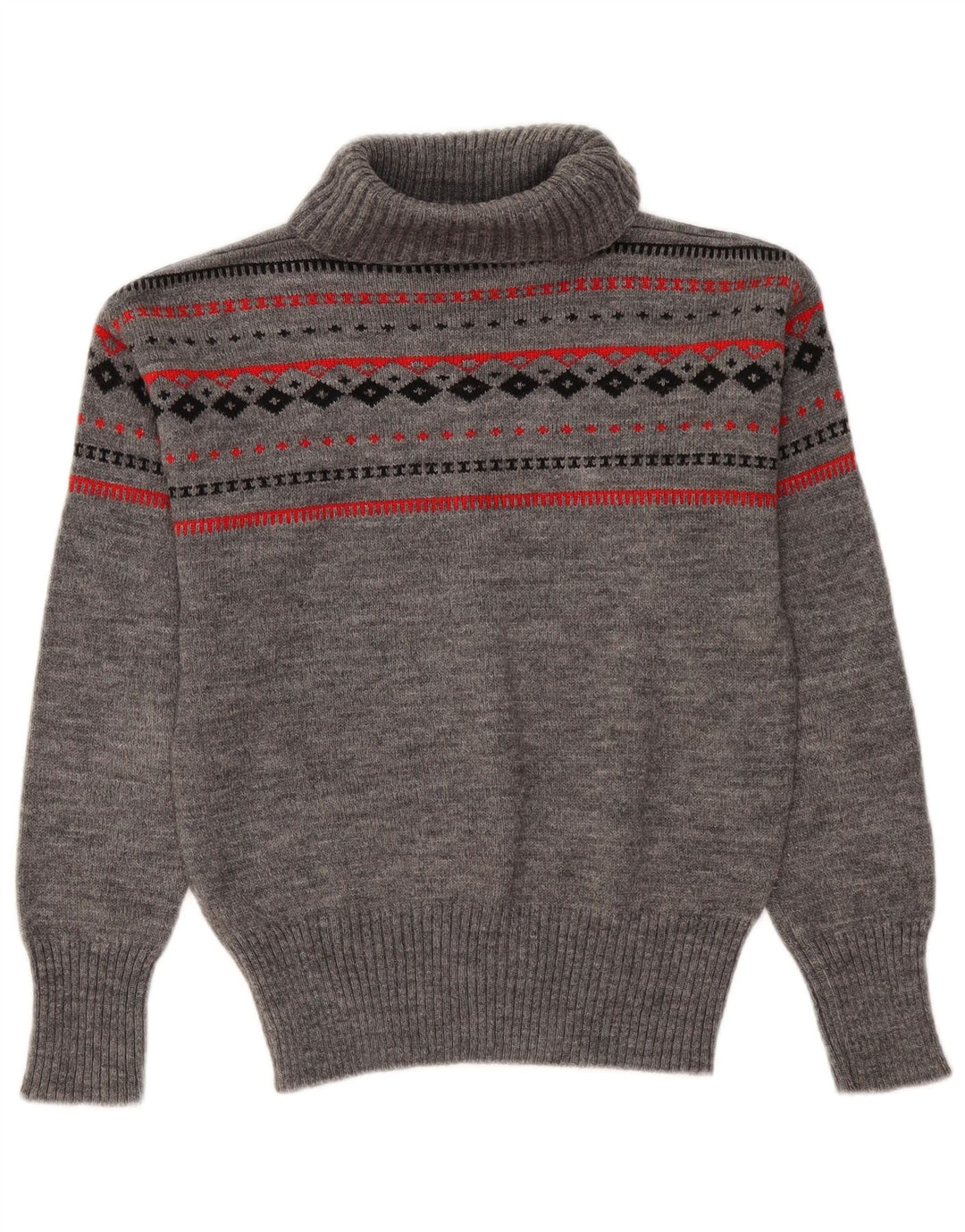 Suéter feminino vintage com gola redonda UK 12 cinza médio Fair Isle